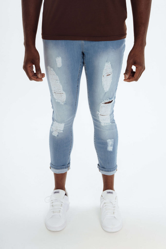 Monde D'or Mens Blue Skinny Ripped Jeans - Monde D'or