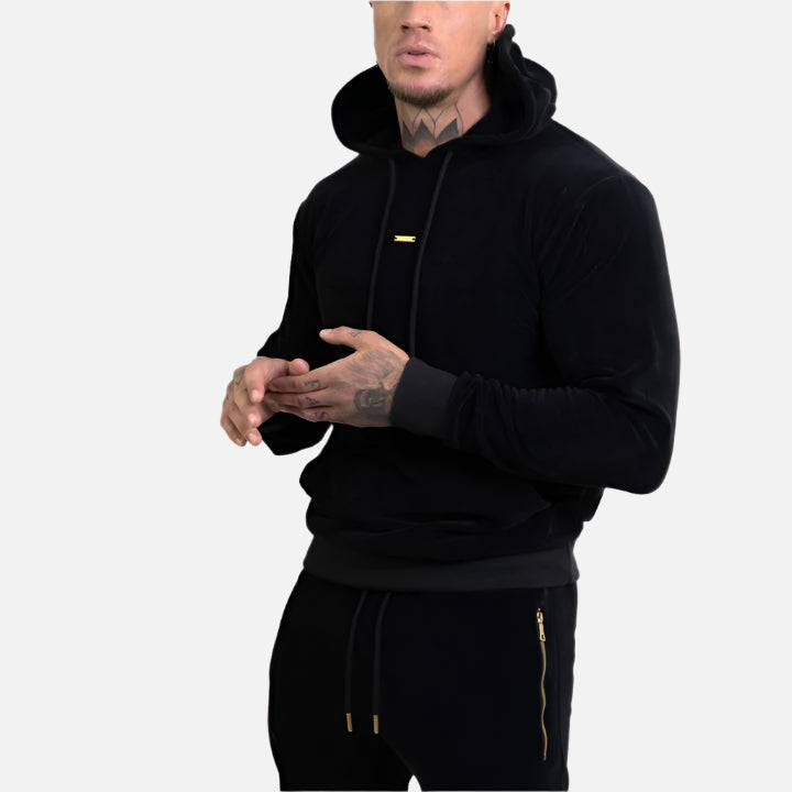 Men's black velour tracksuit set