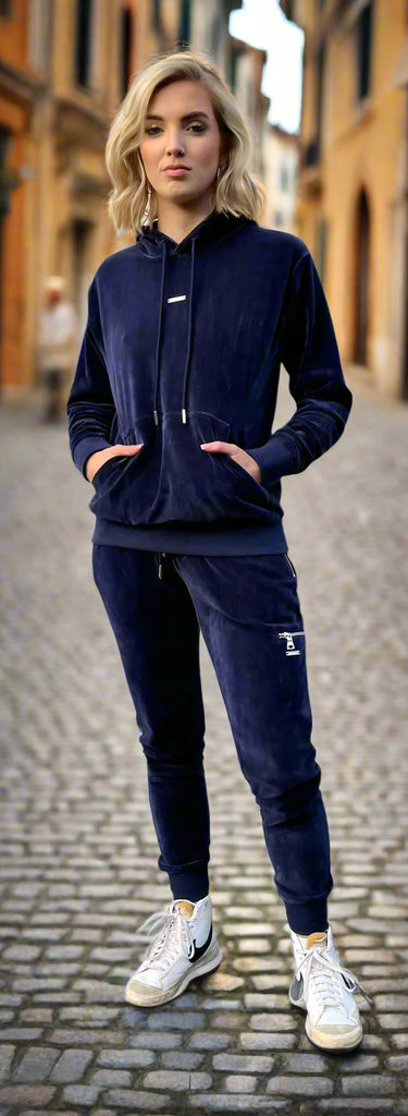 Women’s blue velour tracksuit hoodie and joggers