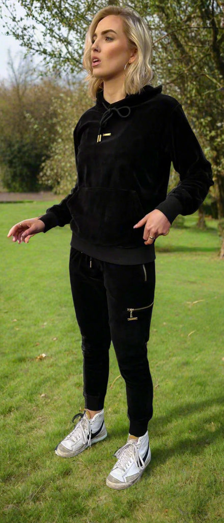 womens black velour tracksuit set